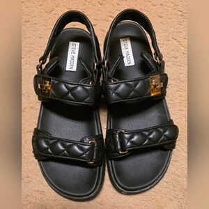 Steve Madden Quilted Black Mona Sandals with Gold Hardware